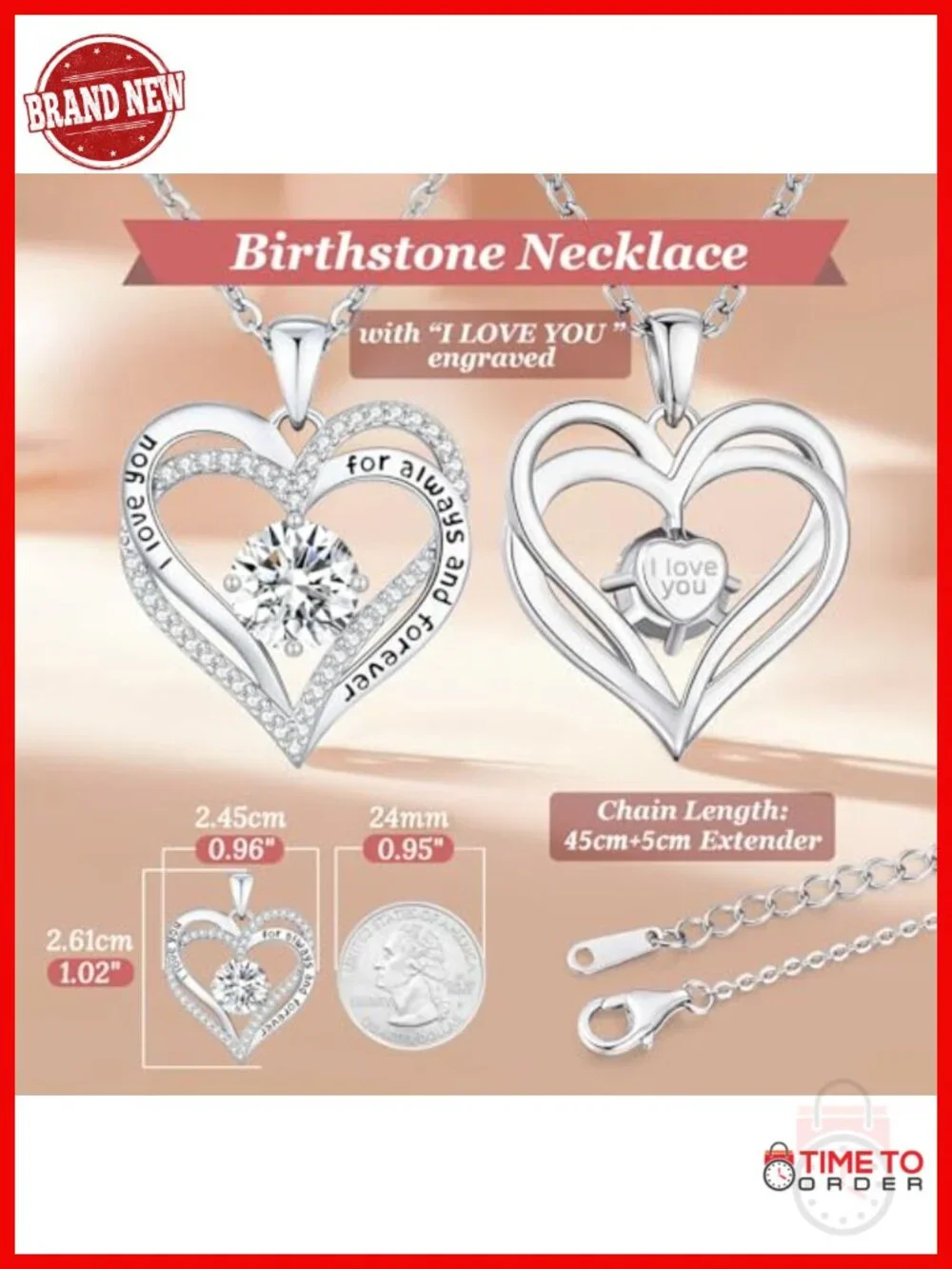 Double Heart Love Engraved Pendant Necklace with Cubic Zirconia Birthstone,